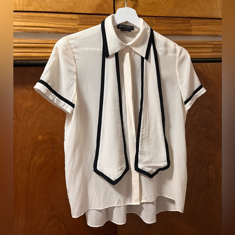 Alice + Olivia Oswald Neck Tie Top semi-sheer blouse